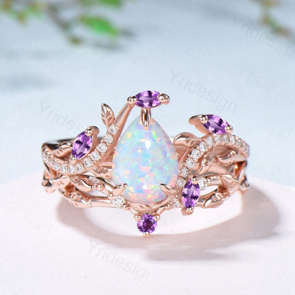 Vintage Pear Shaped White Fire Opal Engagement Ring Set Nature Inspired Snake Marqusie Opal Wedding Set 14K Rose Gold Amethyst Bridal Set - PENFINE