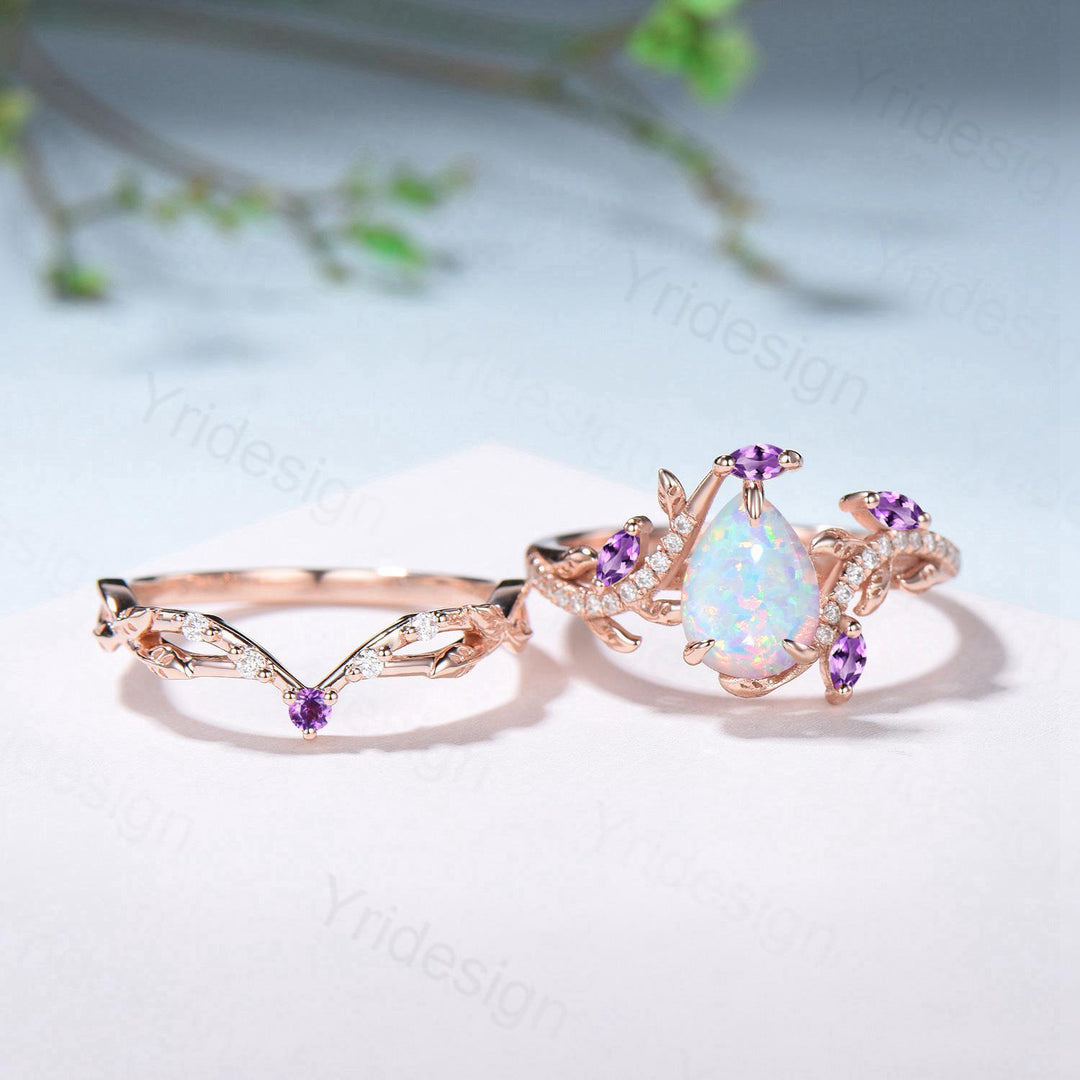Vintage Pear Shaped White Fire Opal Engagement Ring Set Nature Inspired Snake Marqusie Opal Wedding Set 14K Rose Gold Amethyst Bridal Set - PENFINE