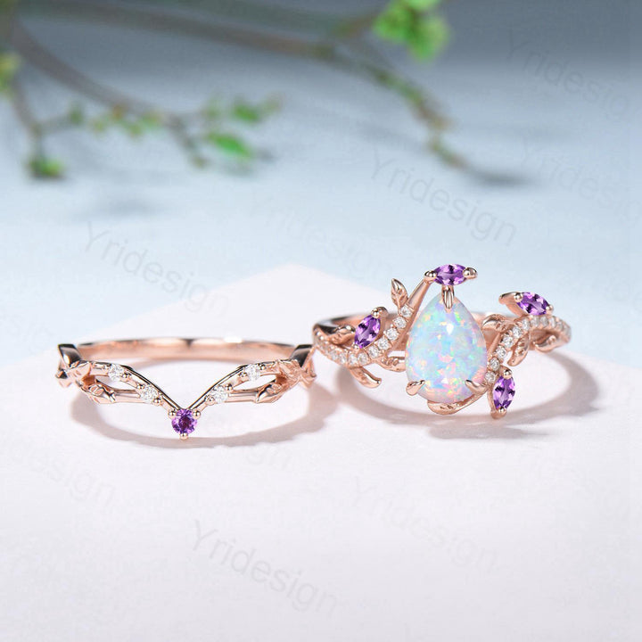 Vintage Pear Shaped White Fire Opal Engagement Ring Set Nature Inspired Snake Marqusie Opal Wedding Set 14K Rose Gold Amethyst Bridal Set - PENFINE
