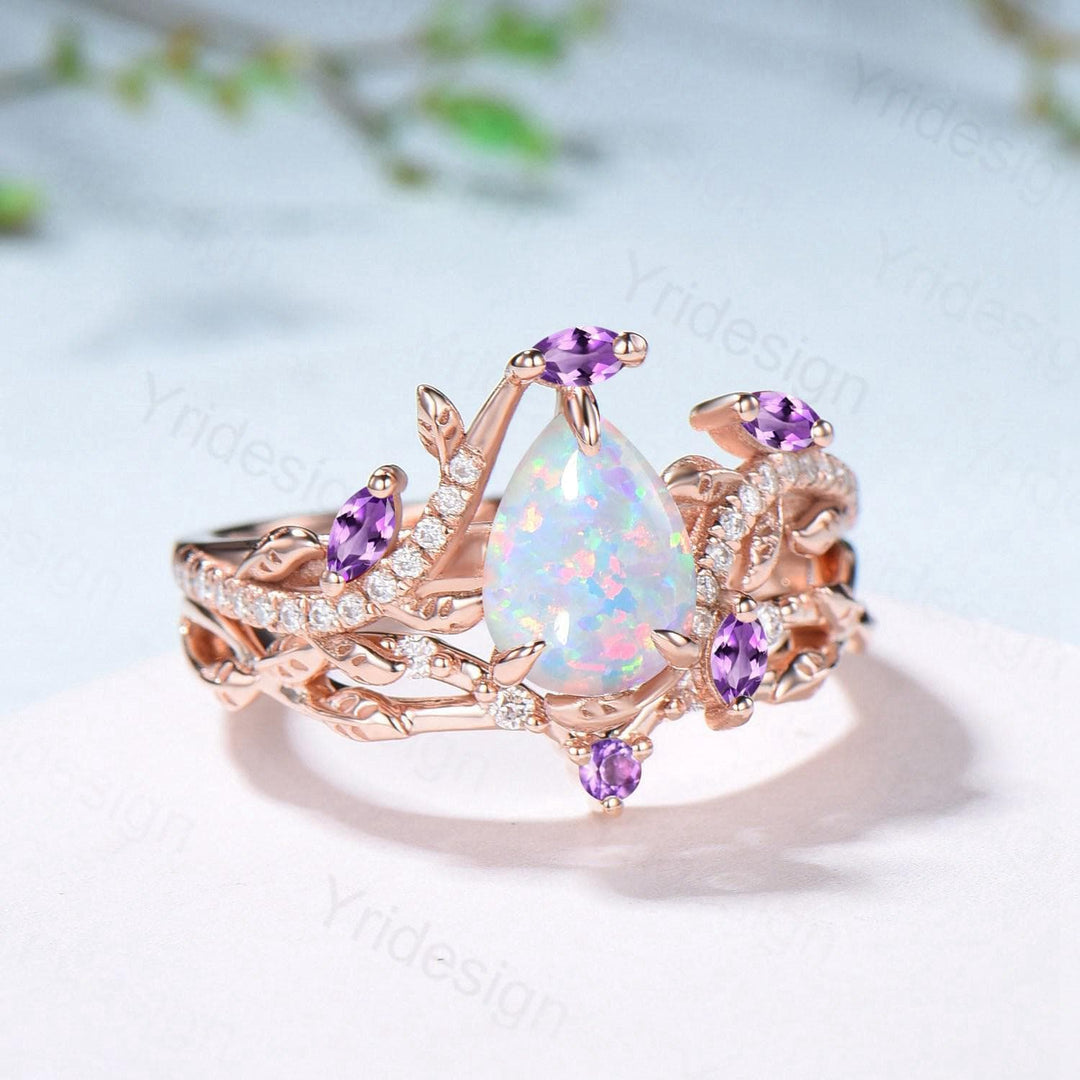 Vintage Pear Shaped White Fire Opal Engagement Ring Set Nature Inspired Snake Marqusie Opal Wedding Set 14K Rose Gold Amethyst Bridal Set - PENFINE