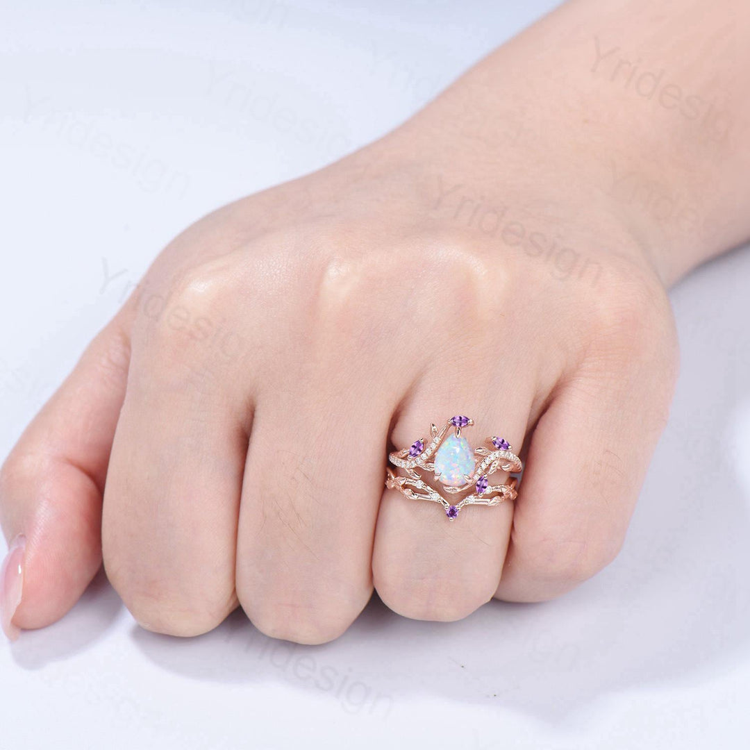 Vintage Pear Shaped White Fire Opal Engagement Ring Set Nature Inspired Snake Marqusie Opal Wedding Set 14K Rose Gold Amethyst Bridal Set - PENFINE