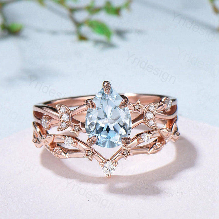 Unique Moon Star Natural Aquamarine Engagement Ring Set Nature Inspired March Birthstone Pear Shaped Wedding Ring Set Art Deco Bridal Set - PENFINE