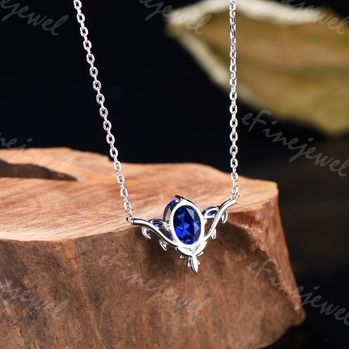 Oval Blue Sapphire Leaf Vine Necklace, Handmade Gold Wedding Pendant