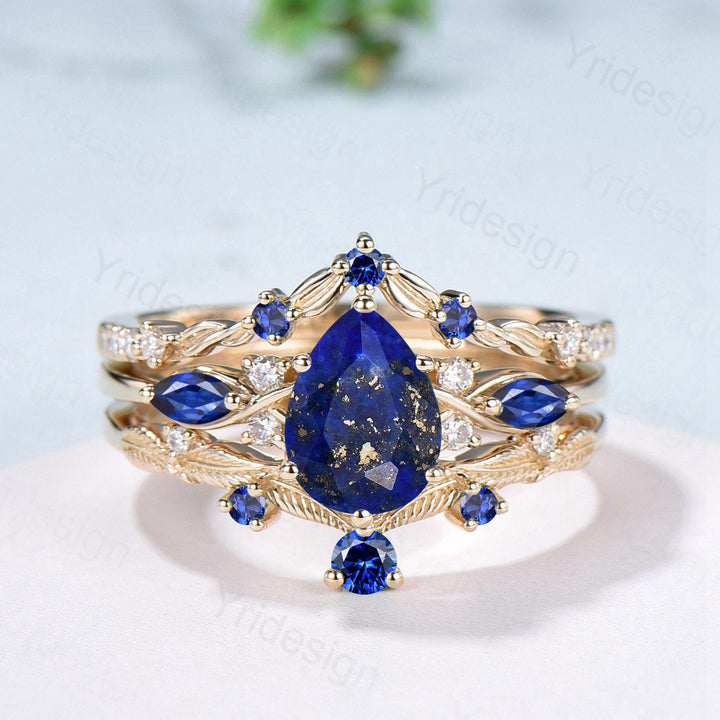 Vintage Lapis Lazuli engagement ring set blue gemstone engagement ring Unique sapphire bridal set leaf vine Curved Anniversary Promise gift - PENFINE
