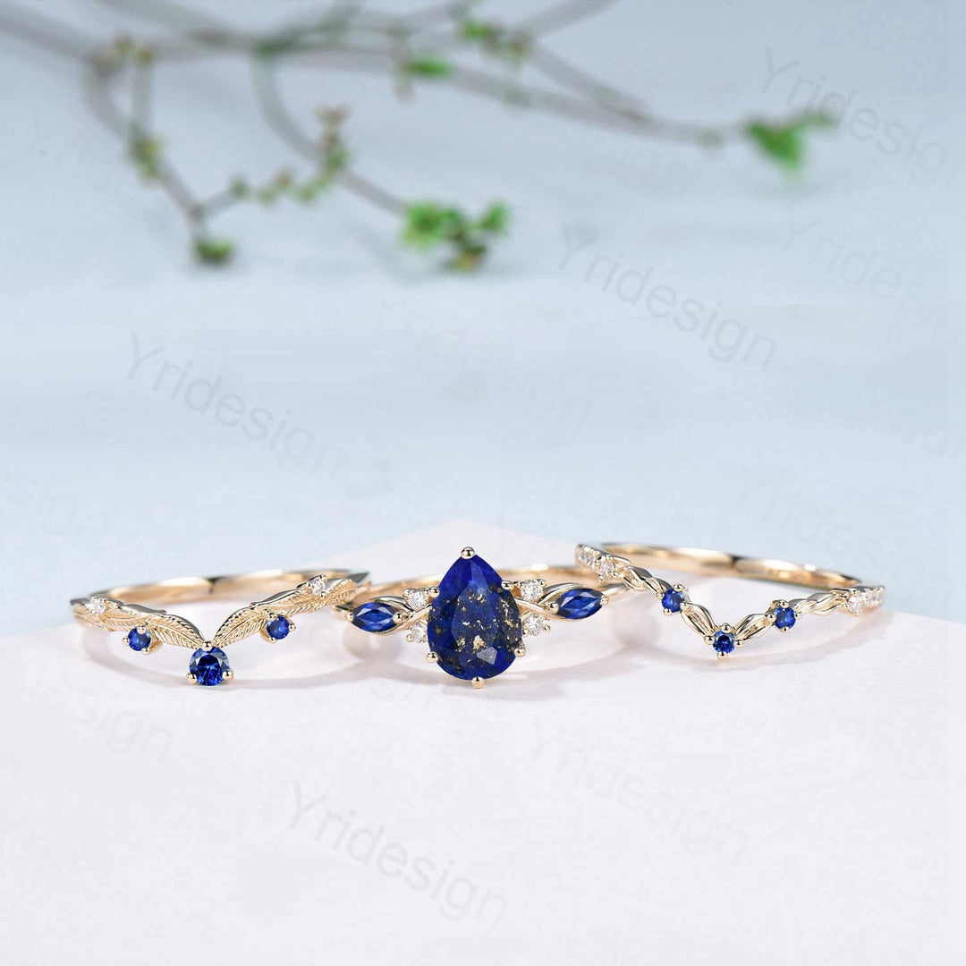 Vintage Lapis Lazuli engagement ring set blue gemstone engagement ring Unique sapphire bridal set leaf vine Curved Anniversary Promise gift - PENFINE