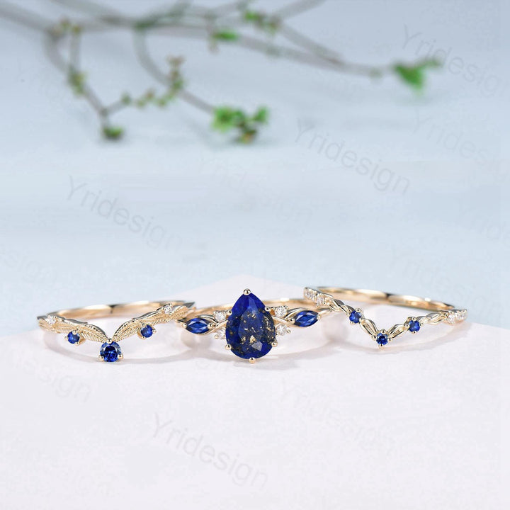 Vintage Lapis Lazuli engagement ring set blue gemstone engagement ring Unique sapphire bridal set leaf vine Curved Anniversary Promise gift - PENFINE