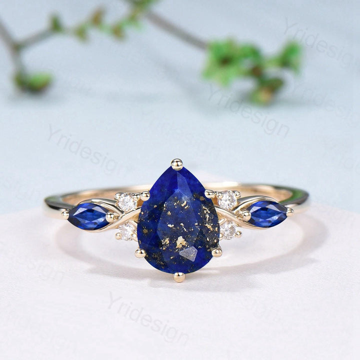 Vintage Lapis Lazuli engagement ring set blue gemstone engagement ring Unique sapphire bridal set leaf vine Curved Anniversary Promise gift - PENFINE