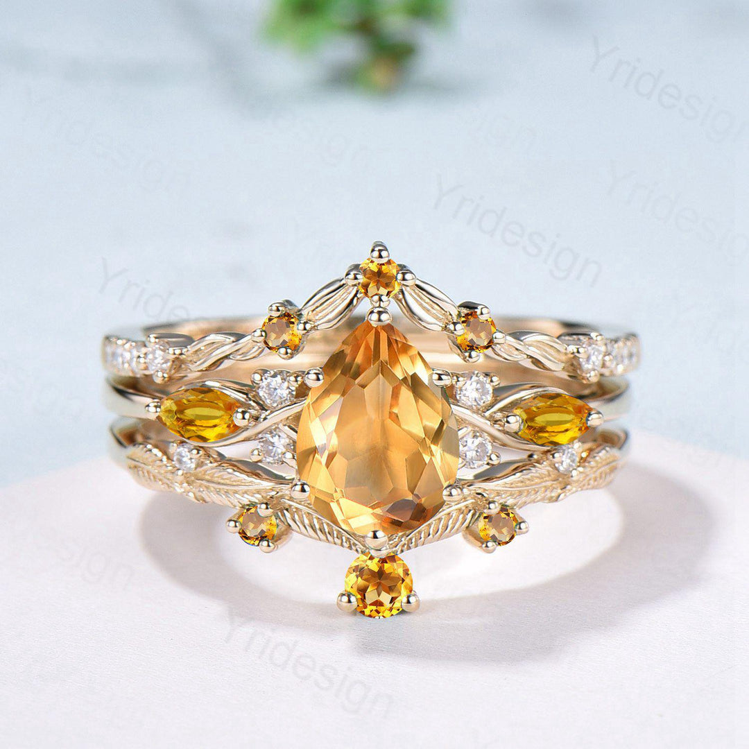 Vintage Citrine engagement ring set November birthstone wedding ring set Unique Yellow Gold Bridal set Curved Anniversary Promise ring gifts - PENFINE