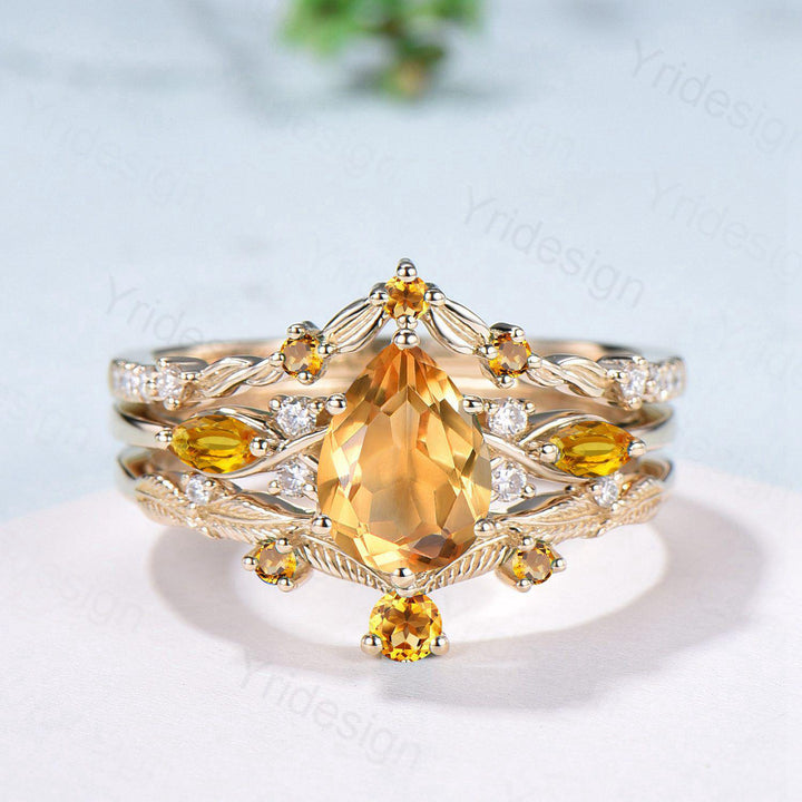 Vintage Citrine engagement ring set November birthstone wedding ring set Unique Yellow Gold Bridal set Curved Anniversary Promise ring gifts - PENFINE