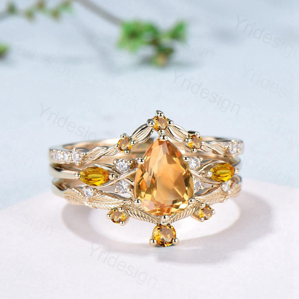 Vintage Citrine engagement ring set November birthstone wedding ring set Unique Yellow Gold Bridal set Curved Anniversary Promise ring gifts - PENFINE