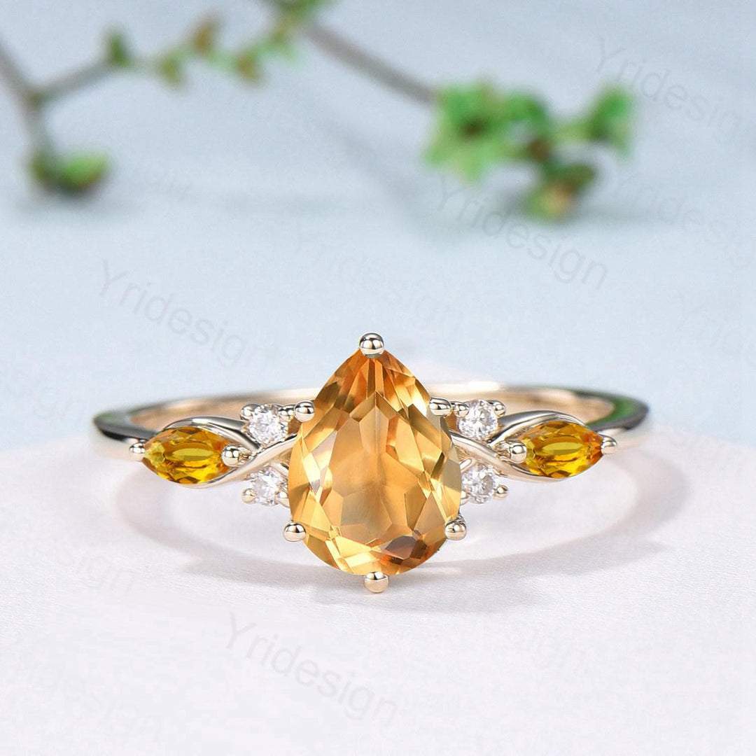 Vintage Citrine engagement ring set November birthstone wedding ring set Unique Yellow Gold Bridal set Curved Anniversary Promise ring gifts - PENFINE