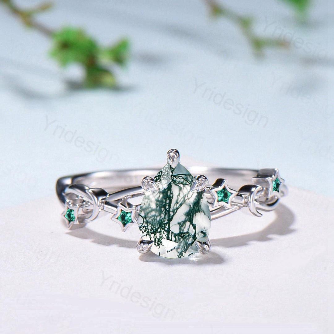 Vintage Pear Shaped Moss Agate Engagement Ring Moon Star Cluster Emerald Wedding Ring Silver White Gold Split Shank Leaves Vine Prong Ring - PENFINE