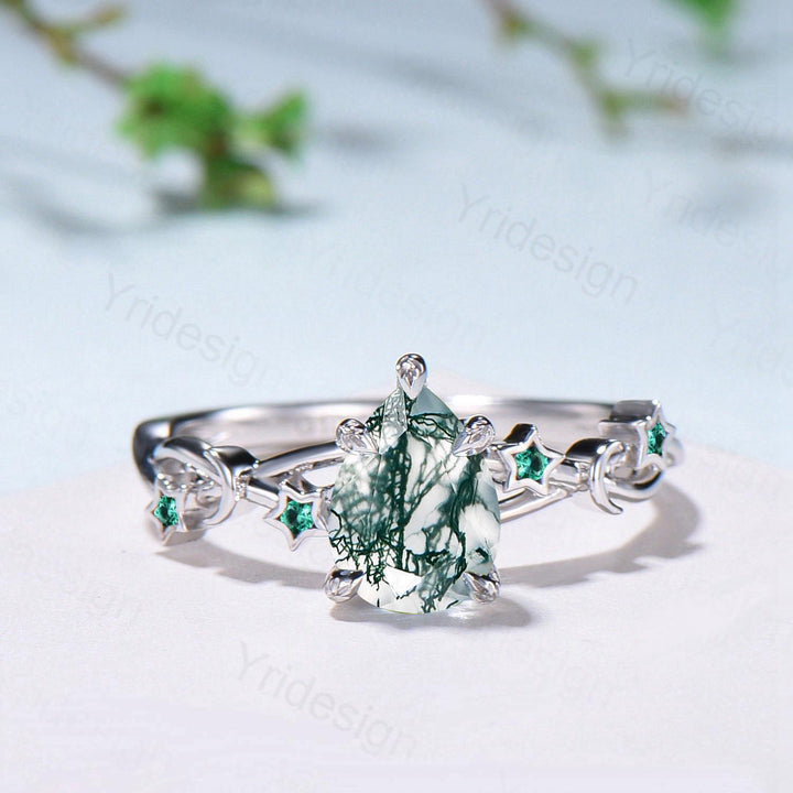 Vintage Pear Shaped Moss Agate Engagement Ring Moon Star Cluster Emerald Wedding Ring Silver White Gold Split Shank Leaves Vine Prong Ring - PENFINE