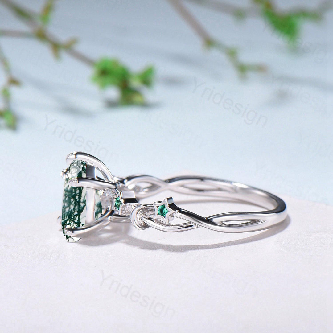Vintage Pear Shaped Moss Agate Engagement Ring Moon Star Cluster Emerald Wedding Ring Silver White Gold Split Shank Leaves Vine Prong Ring - PENFINE