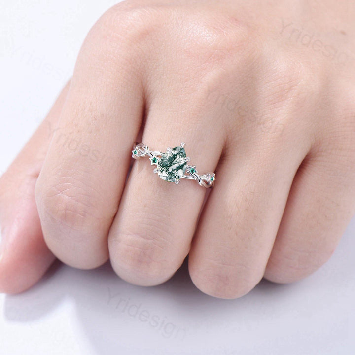 Vintage Pear Shaped Moss Agate Engagement Ring Moon Star Cluster Emerald Wedding Ring Silver White Gold Split Shank Leaves Vine Prong Ring - PENFINE