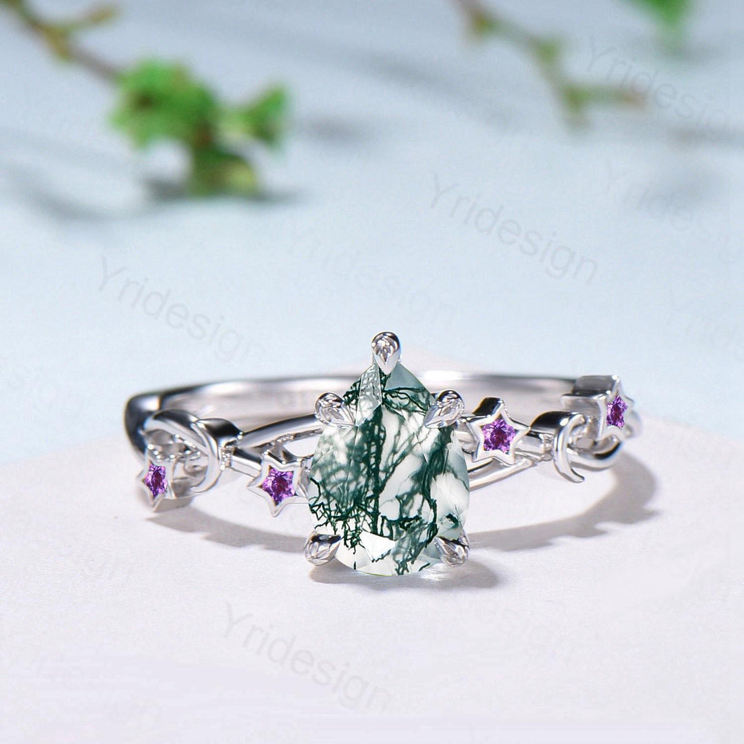 Vintage Pear Shaped Moss Agate Engagement Ring Moon Star Cluster Emerald Wedding Ring Silver White Gold Split Shank Leaves Vine Prong Ring - PENFINE