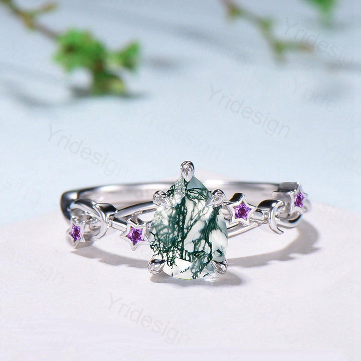 Vintage Pear Shaped Moss Agate Engagement Ring Moon Star Cluster Emerald Wedding Ring Silver White Gold Split Shank Leaves Vine Prong Ring - PENFINE