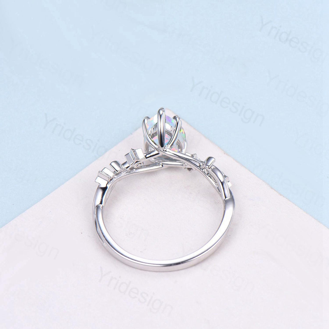 Vintage Pear Shaped White Opal Engagement Ring Moon Star Cluster Emerald Wedding Ring Silver Gold October Birthstone Leaves Vine Prong Ring - PENFINE