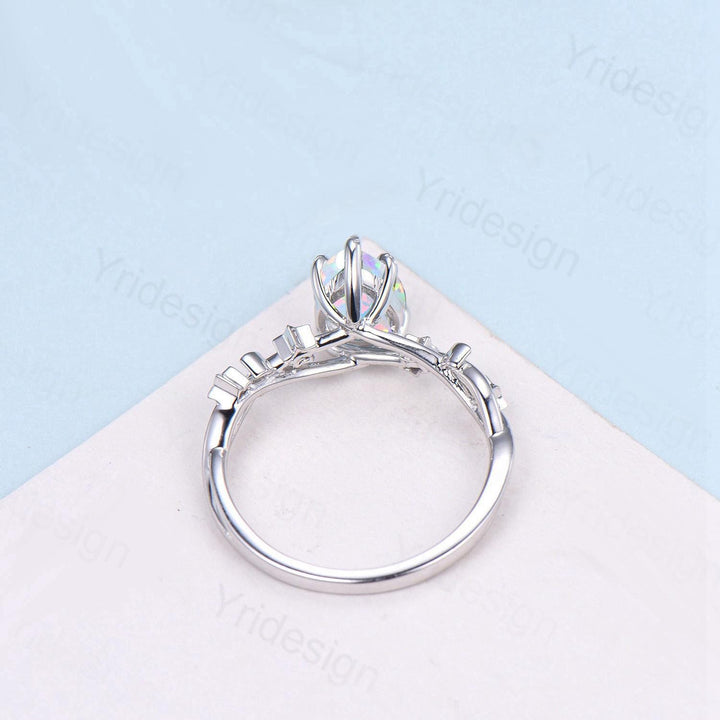 Vintage Pear Shaped White Opal Engagement Ring Moon Star Cluster Emerald Wedding Ring Silver Gold October Birthstone Leaves Vine Prong Ring - PENFINE