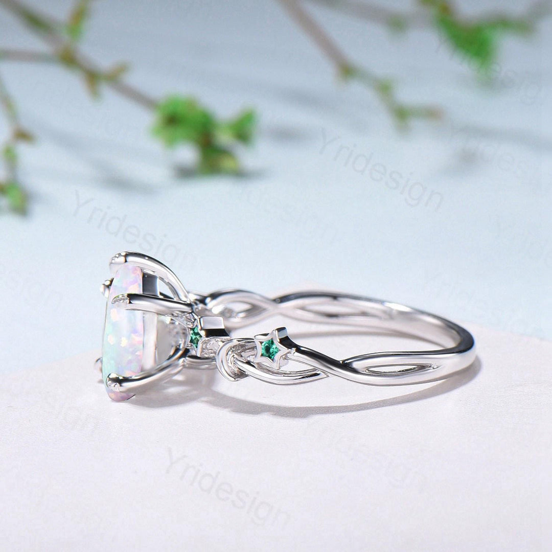 Vintage Pear Shaped White Opal Engagement Ring Moon Star Cluster Emerald Wedding Ring Silver Gold October Birthstone Leaves Vine Prong Ring - PENFINE