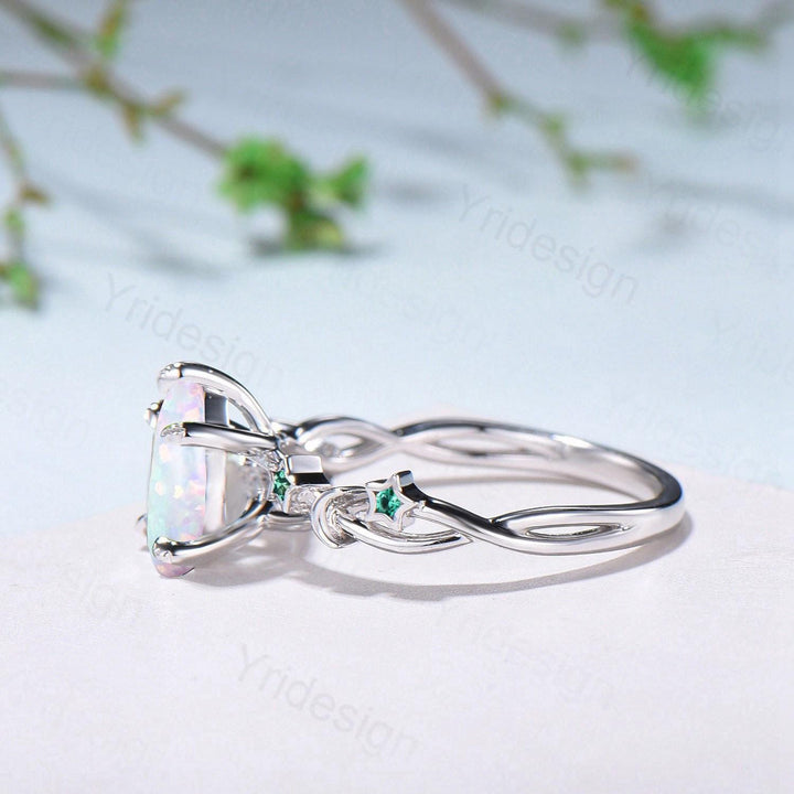 Vintage Pear Shaped White Opal Engagement Ring Moon Star Cluster Emerald Wedding Ring Silver Gold October Birthstone Leaves Vine Prong Ring - PENFINE