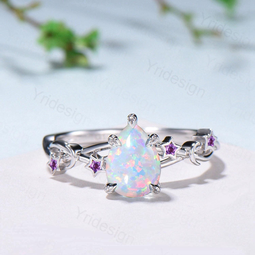 Vintage Pear Shaped White Opal Engagement Ring Moon Star Cluster Emerald Wedding Ring Silver Gold October Birthstone Leaves Vine Prong Ring - PENFINE