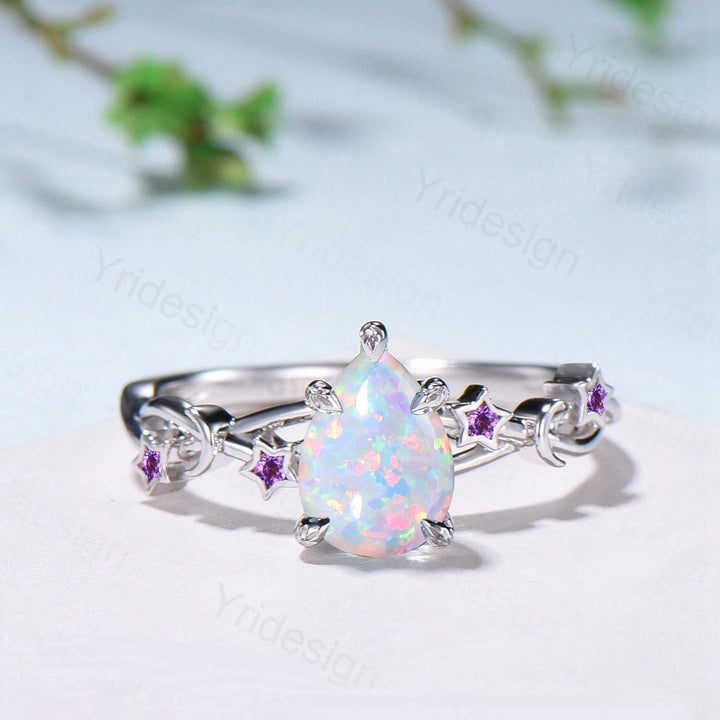 Vintage Pear Shaped White Opal Engagement Ring Moon Star Cluster Emerald Wedding Ring Silver Gold October Birthstone Leaves Vine Prong Ring - PENFINE