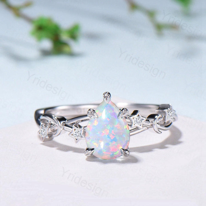 Vintage Pear Shaped White Opal Engagement Ring Moon Star Cluster Emerald Wedding Ring Silver Gold October Birthstone Leaves Vine Prong Ring - PENFINE