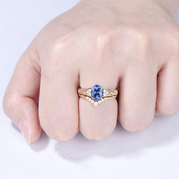 Celtic Love Natural Oval Tanzanite Engagement Ring Set Vintage  18K Yellow Gold Cluster Diamond Art Deco Wedding Ring Set Anniversary Gifts - PENFINE