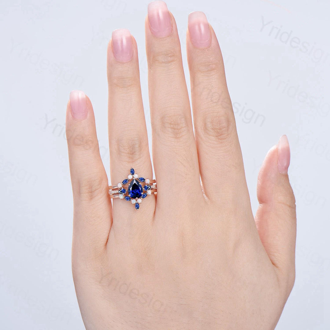 1.25 Carat Pear Shaped Blue Sapphire Engagement Ring Set Opal Retro Sapphire Wedding Set Unique Rose Gold September Birthstone Bridal Sets - PENFINE