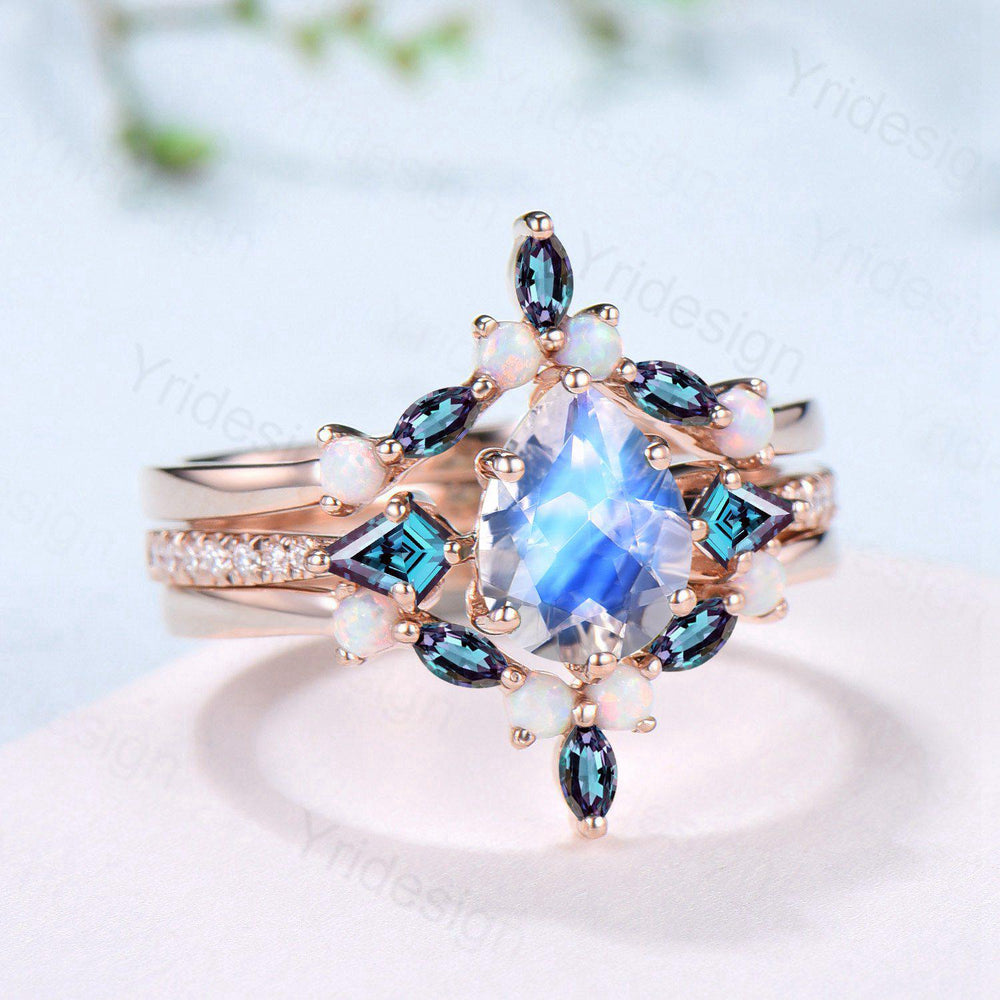 1.25 CT Pear Shaped Natural Moonstone Engagement Ring Set Kite Alexandrite Opal Wedding Set Unique 3Pcs Rose Gold June Birthstone Bridal Set - PENFINE