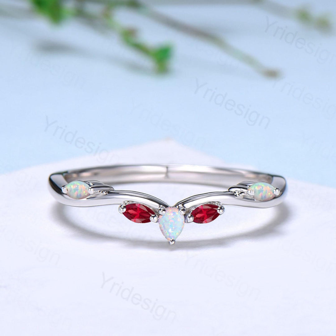 Vintage Fire Opal Ruby Wedding Band Women Unique Teardrop White Opal Stackable Ring Marquise Ruby Curved Matching Band Anniversary Gift - PENFINE