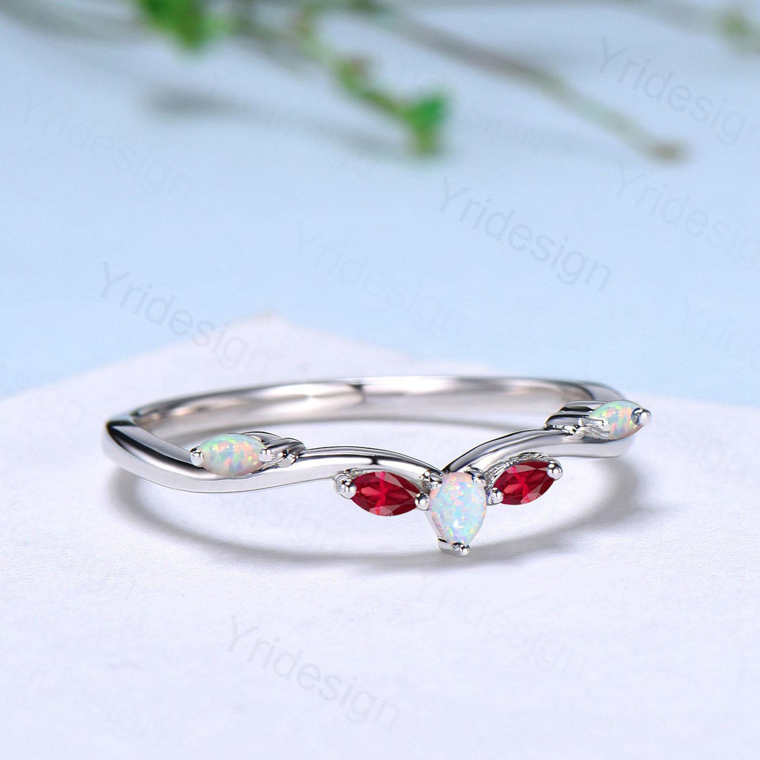 Vintage Fire Opal Ruby Wedding Band Women Unique Teardrop White Opal Stackable Ring Marquise Ruby Curved Matching Band Anniversary Gift - PENFINE