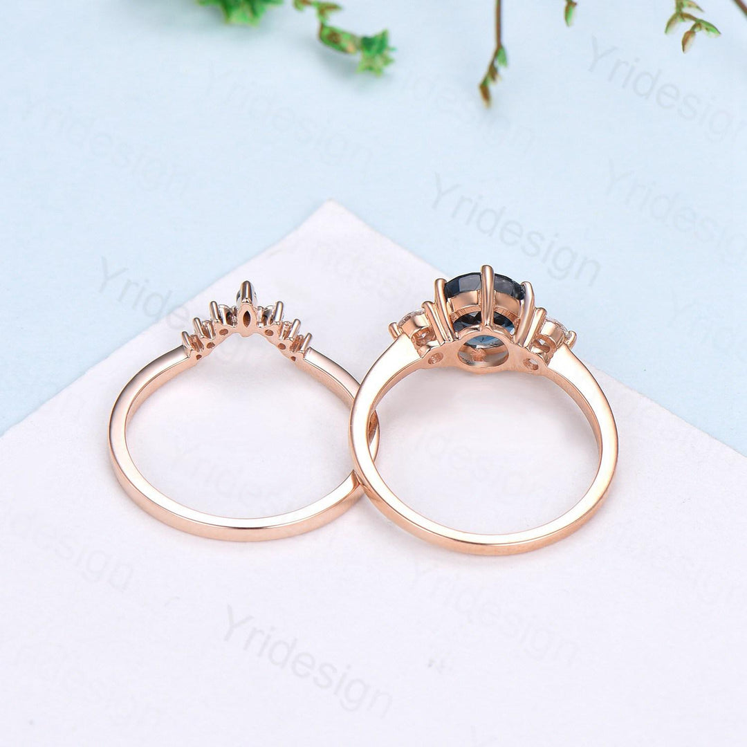 Three stone blue moissanite engagement ring set sapphire crown wedding set vintage rose gold bridal set couple anniversary promise ring gift - PENFINE