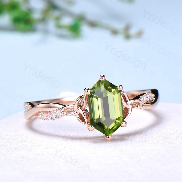 Elongated Hexagon Cut Peridot Diamond Engagement Ring Norse Viking Split Shank Wedding Ring August Birthstone Anniversary Promise Ring Gift - PENFINE
