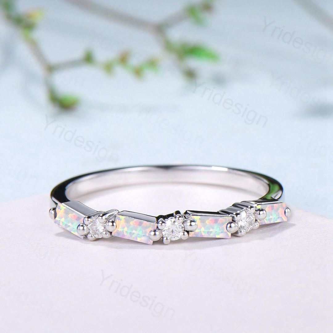 Unique Baguette cut Opal wedding band Vintage Moissanite wedding band Half eternity anniversary Wedding band Bridal Matching Stackable band - PENFINE