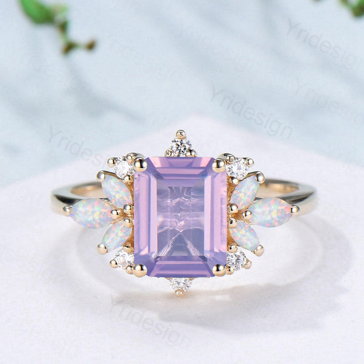 Vintage Lavender Amethyst Engagement Ring Emerald Cut 14K Yellow Gold Cluster Marquise Cut White Opal Wedding Ring Anniversary Promise Gift - PENFINE