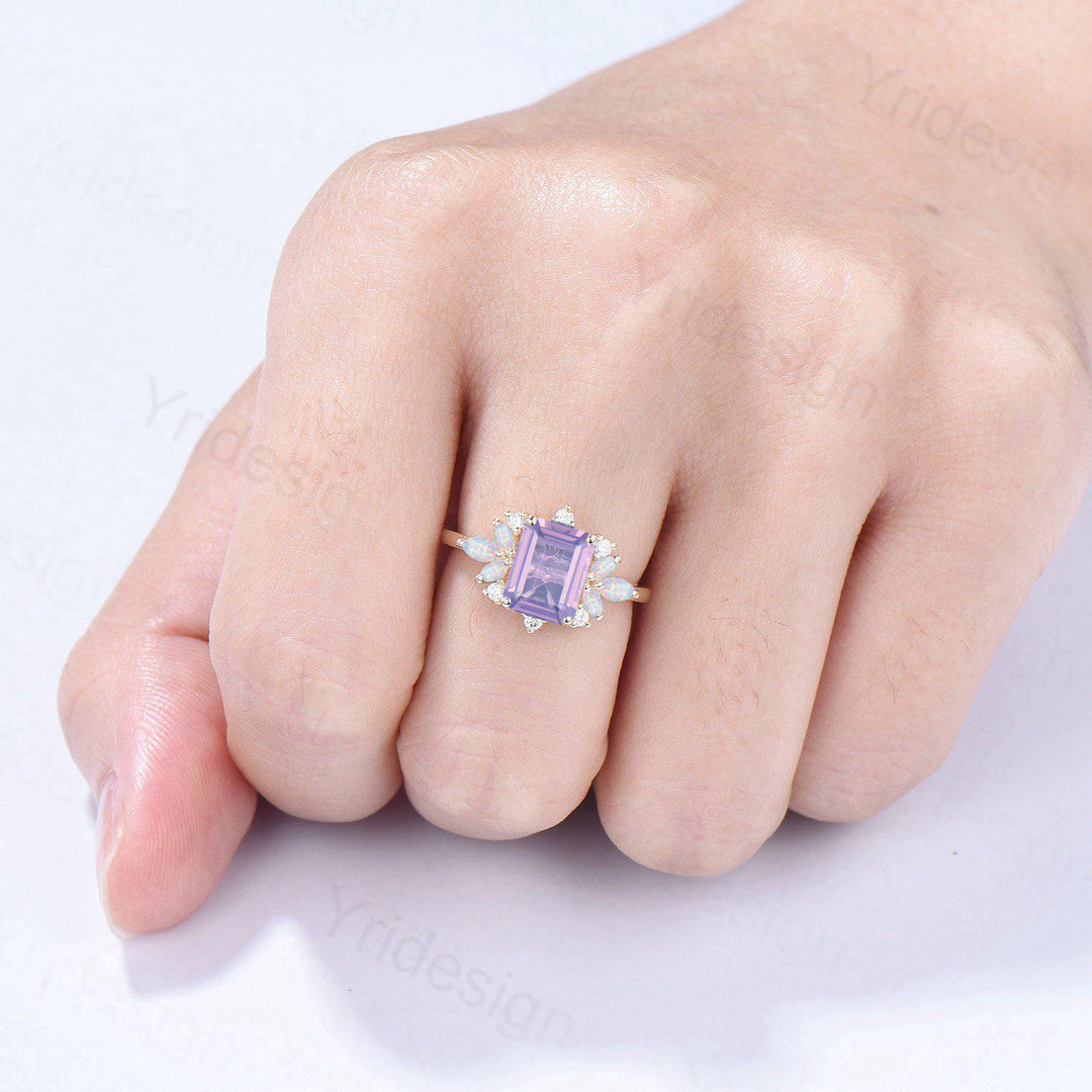 Vintage Lavender Amethyst Engagement Ring Emerald Cut 14K Yellow Gold Cluster Marquise Cut White Opal Wedding Ring Anniversary Promise Gift - PENFINE