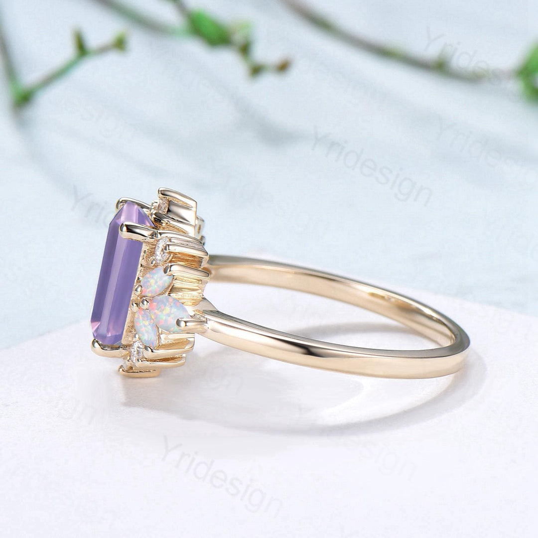 Vintage Lavender Amethyst Engagement Ring Emerald Cut 14K Yellow Gold Cluster Marquise Cut White Opal Wedding Ring Anniversary Promise Gift - PENFINE