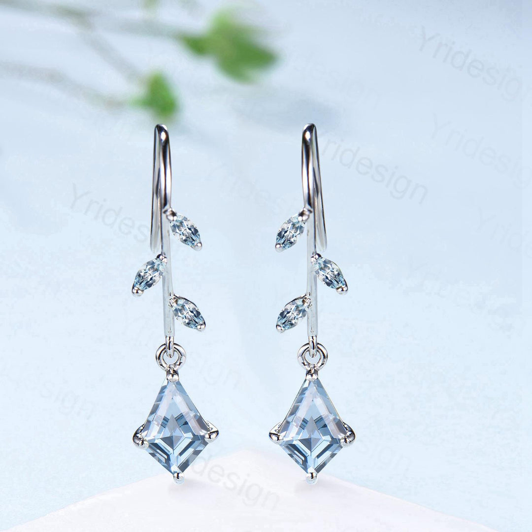 Vintage kite cut aquamarine earrings Unique pinwheel earrings marquise march birthstone drop stud earrings dainty anniversary promise gift - PENFINE