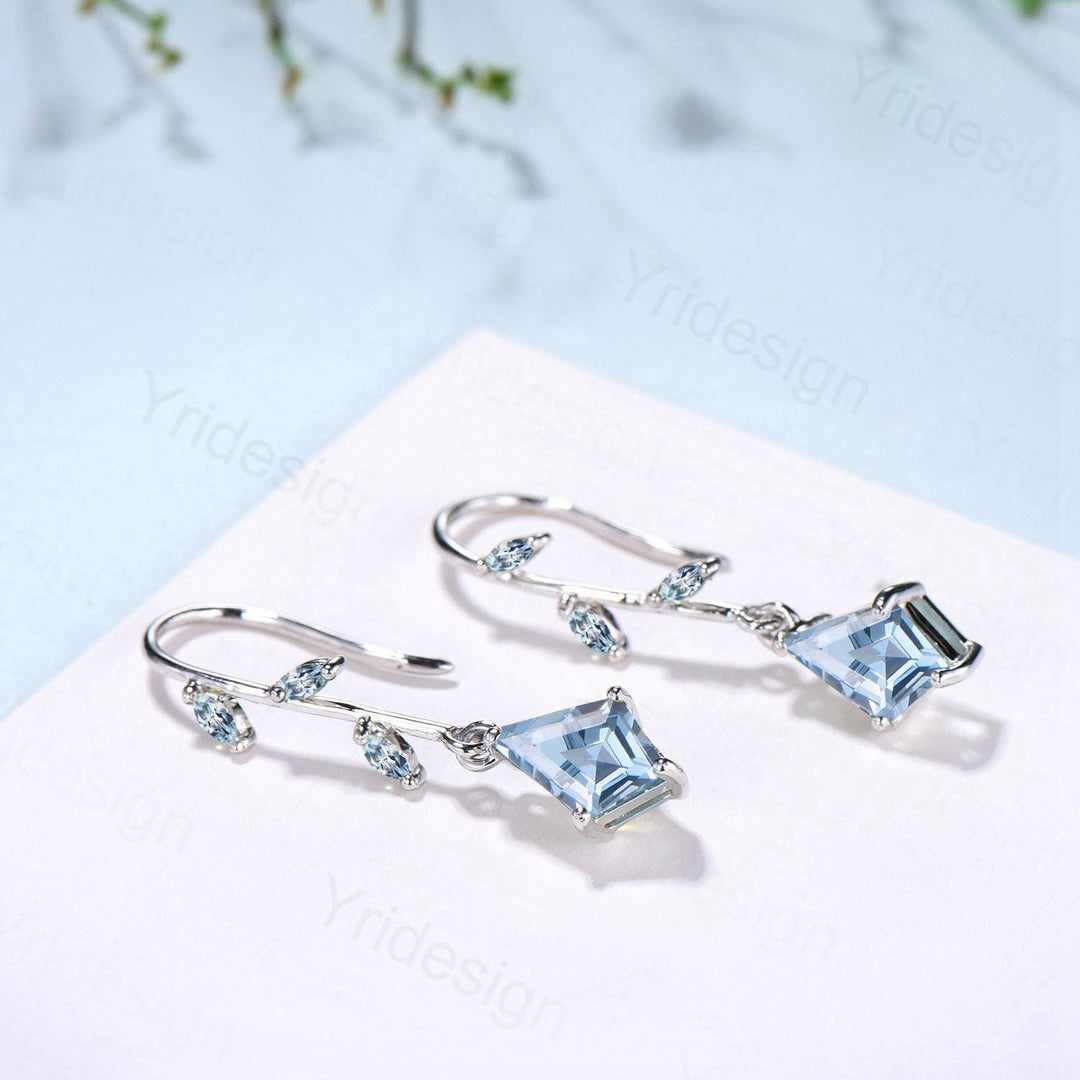 Vintage kite cut aquamarine earrings Unique pinwheel earrings marquise march birthstone drop stud earrings dainty anniversary promise gift - PENFINE