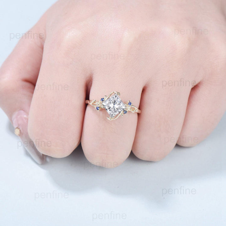 Elegant 2CT princess cut diamond ring Nature inspired lab grown diamond engagement ring cluster sapphire branch leaf vine anniversary ring - PENFINE