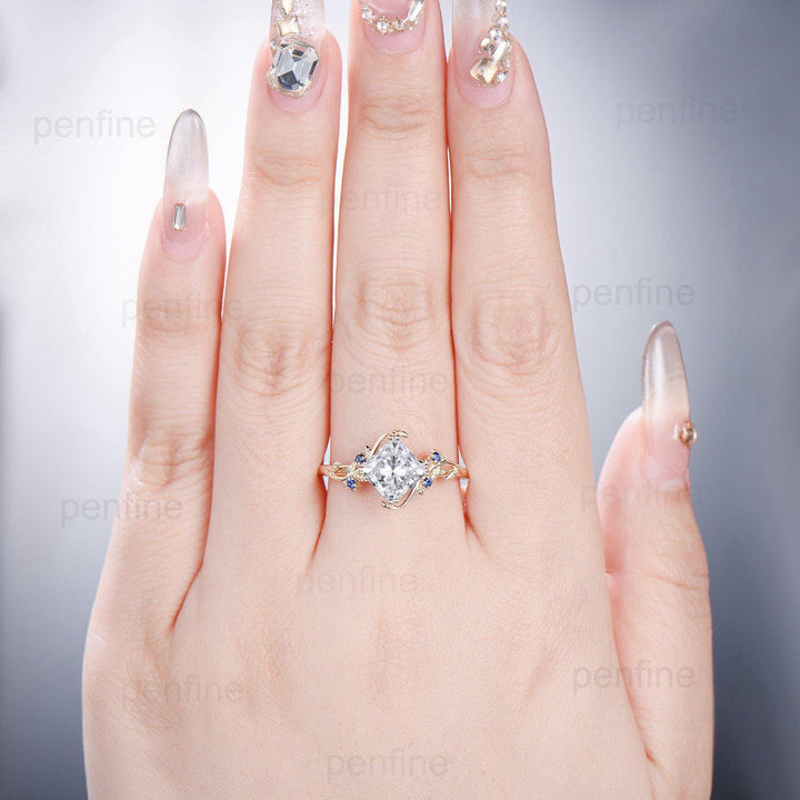 Elegant 2CT princess cut diamond ring Nature inspired lab grown diamond engagement ring cluster sapphire branch leaf vine anniversary ring - PENFINE