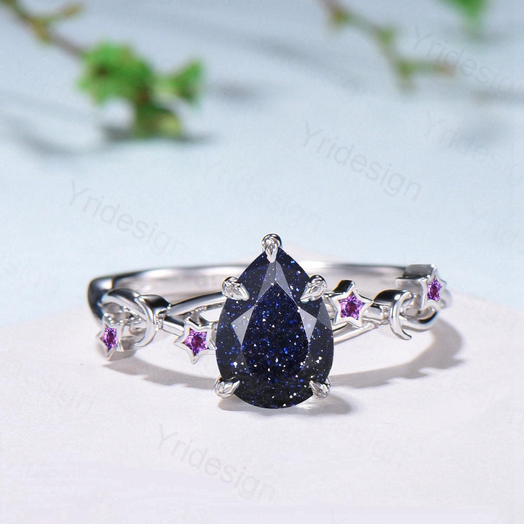 Vintage Pear Shaped Blue Sandstone Engagement Ring Moon Star Cluster Amethyst Wedding Ring Silver Gold Galaxy Leaves Prong Promise Ring - PENFINE