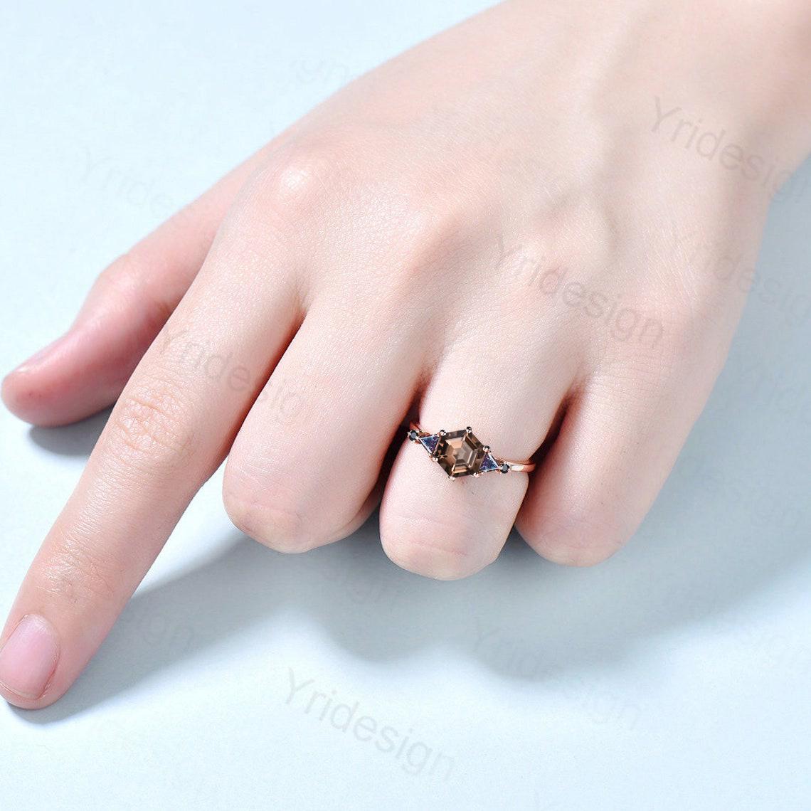 Five Stone Brown Smoky Quartz Engagement Ring Unique Trillion Alexandrite Promise Ring For Women Black Spinel Anniversary Proposal Gift - PENFINE