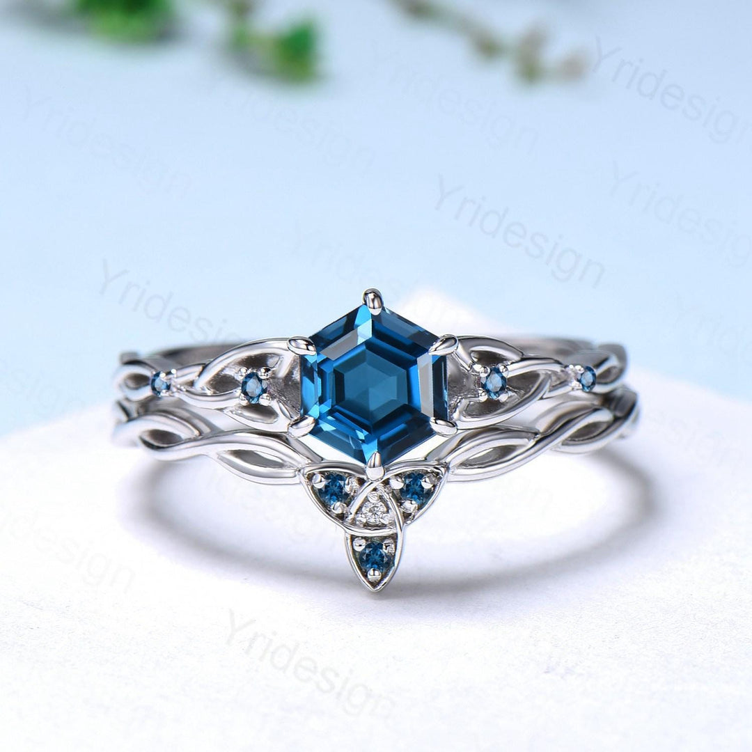 Norse Viking Hexagon Cut London Blue Topaz Ring Set Celtic Love Knot Topaz Engagement Ring Unique Wedding Ring Set Promise Gifts For fiancee - PENFINE
