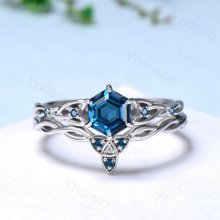 Norse Viking Hexagon Cut London Blue Topaz Ring Set Celtic Love Knot Topaz Engagement Ring Unique Wedding Ring Set Promise Gifts For fiancee - PENFINE