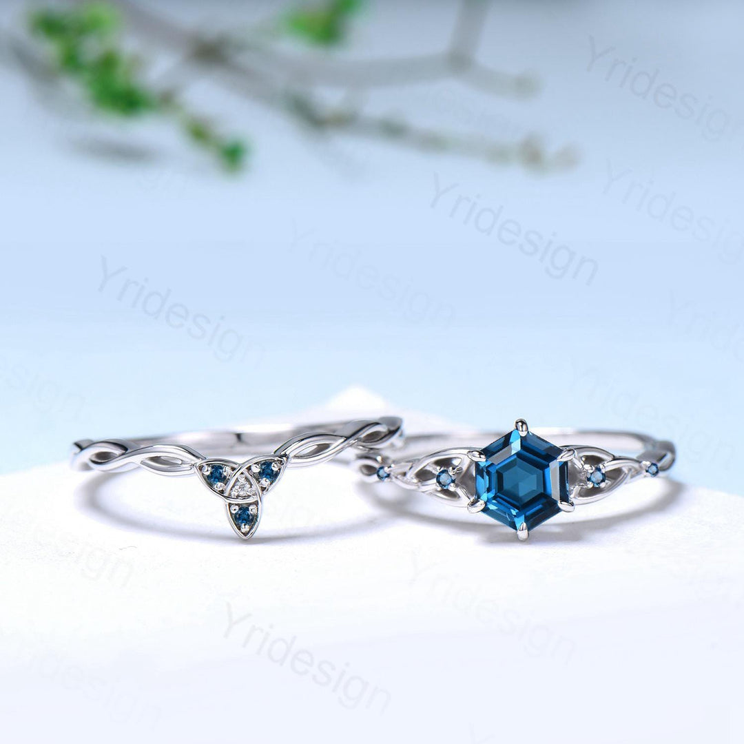 Norse Viking Hexagon Cut London Blue Topaz Ring Set Celtic Love Knot Topaz Engagement Ring Unique Wedding Ring Set Promise Gifts For fiancee - PENFINE