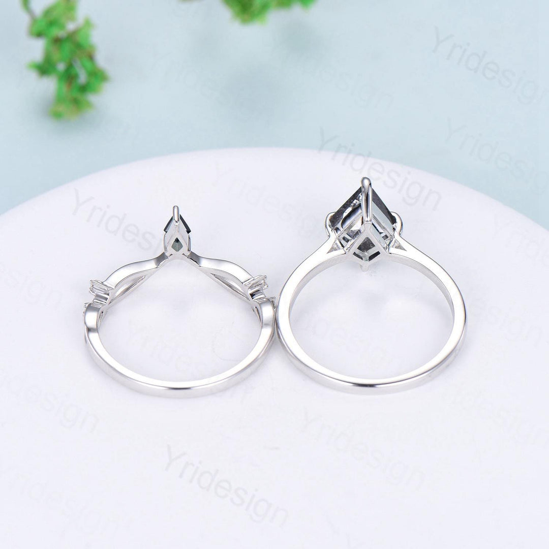 Dainty Salt and Pepper Diamond Engagement Ring Set Kite Solitaire Minimalist Wedding Set Simple Diamond Bridal Set Anniversary Promise gift - PENFINE