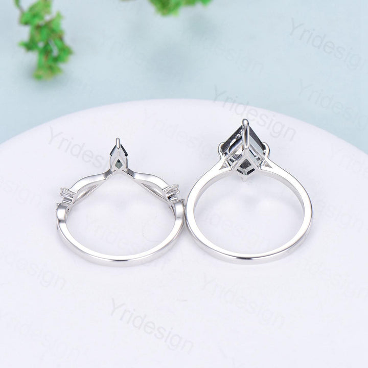 Dainty Salt and Pepper Diamond Engagement Ring Set Kite Solitaire Minimalist Wedding Set Simple Diamond Bridal Set Anniversary Promise gift - PENFINE